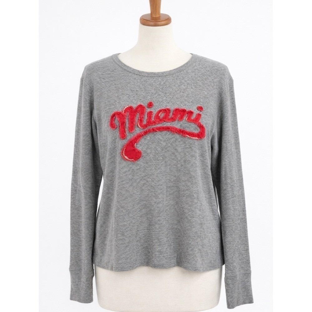 Miami Chenille Varsity Waffle Knit Long Sleeve Top Gray Pink M